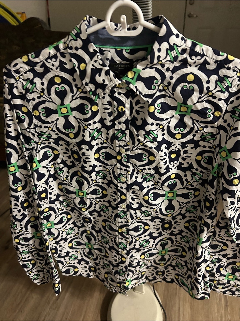 Talbots Navy, White & Green Printed Button-Down Shirt